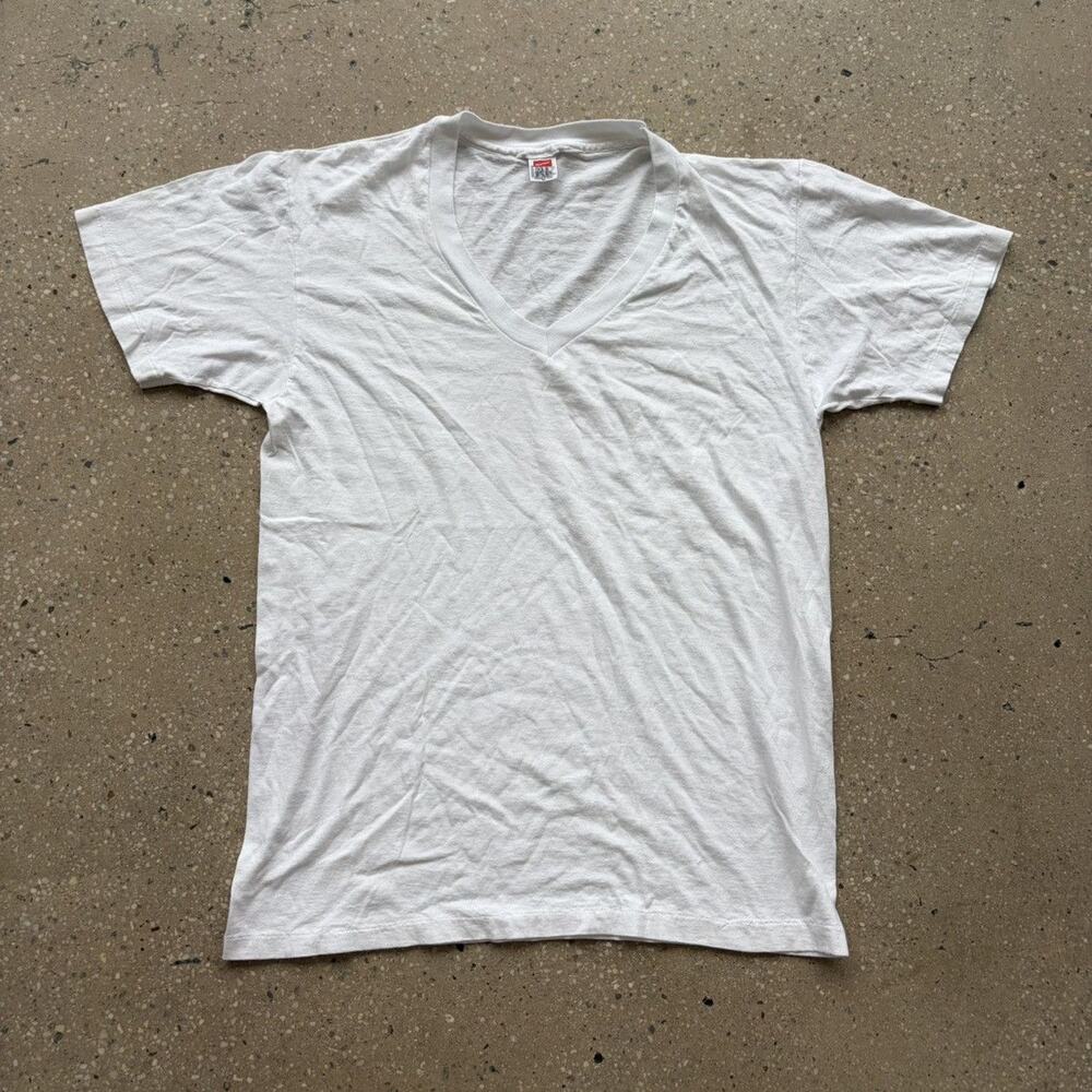 Vintage 70s Hanes White Blank Cotton V-Neck T-Shirt
